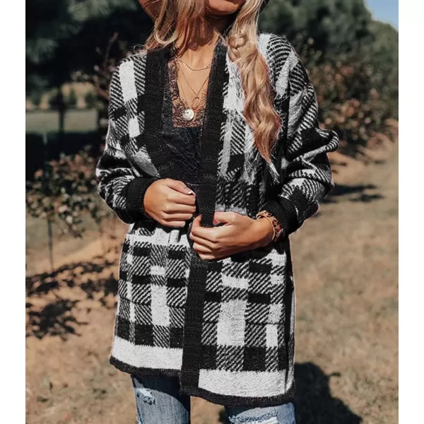 ZESICA Womens 2024 Fall Winter Long Sleeves Open Front Leopard Print Knitted Sweater Cardigan Coat OutwearBlack Plaid