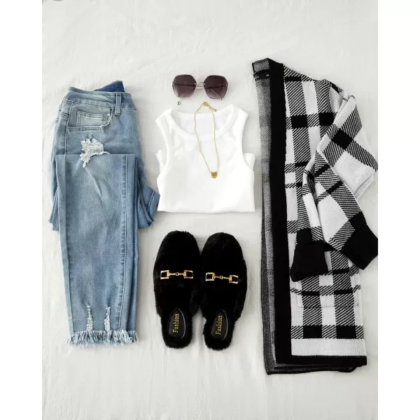 ZESICA Womens 2024 Fall Winter Long Sleeves Open Front Leopard Print Knitted Sweater Cardigan Coat OutwearBlack Plaid