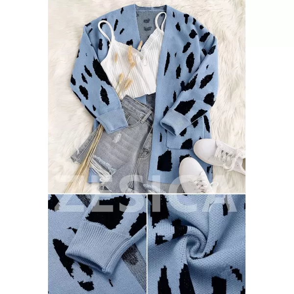 ZESICA Womens 2024 Fall Winter Long Sleeves Open Front Leopard Print Knitted Sweater Cardigan Coat OutwearBlue