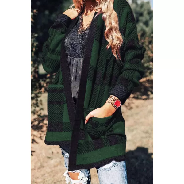 ZESICA Womens 2024 Fall Winter Long Sleeves Open Front Leopard Print Knitted Sweater Cardigan Coat OutwearGreenplaid