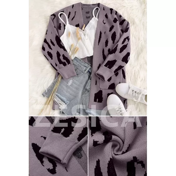 ZESICA Womens 2024 Fall Winter Long Sleeves Open Front Leopard Print Knitted Sweater Cardigan Coat OutwearPurple