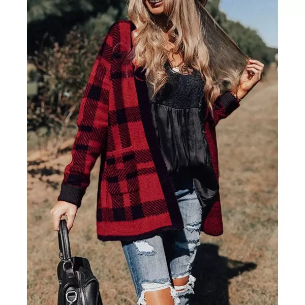 ZESICA Womens 2024 Fall Winter Long Sleeves Open Front Leopard Print Knitted Sweater Cardigan Coat OutwearRed Plaid