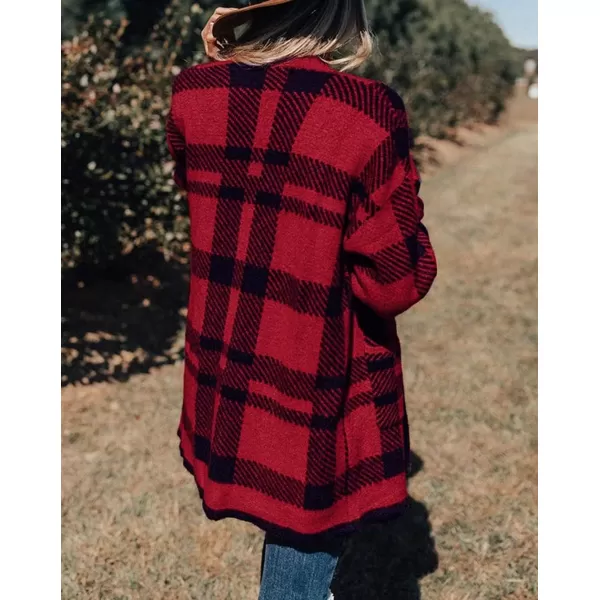 ZESICA Womens 2024 Fall Winter Long Sleeves Open Front Leopard Print Knitted Sweater Cardigan Coat OutwearRed Plaid