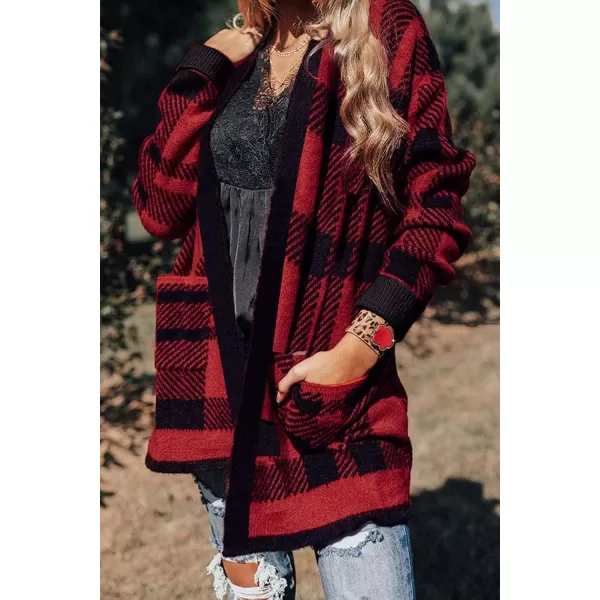ZESICA Womens 2024 Fall Winter Long Sleeves Open Front Leopard Print Knitted Sweater Cardigan Coat OutwearRed Plaid