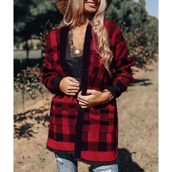 ZESICA Womens 2024 Fall Winter Long Sleeves Open Front Leopard Print Knitted Sweater Cardigan Coat OutwearRed Plaid