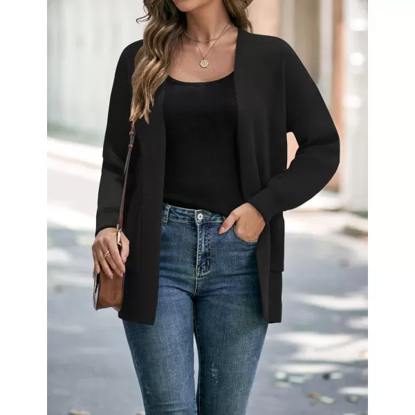 ZESICA Womens 2024 Fall Winter Long Sleeves Open Front Leopard Print Knitted Sweater Cardigan Coat OutwearSolid Black