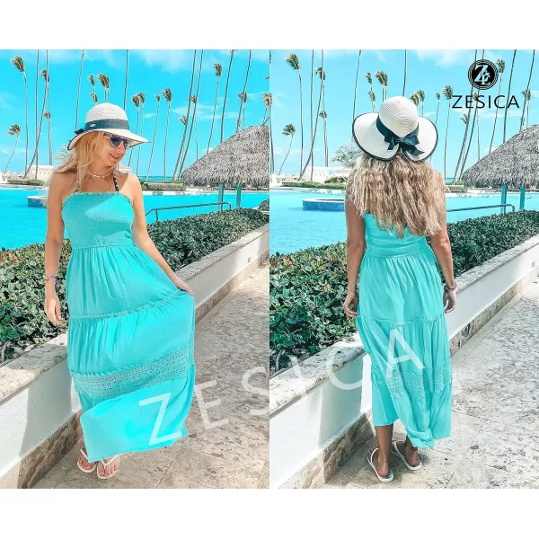 ZESICA Womens 2024 Summer Bohemian Strapless Off Shoulder Lace Trim Backless Flowy A Line Beach Long Maxi DressAqua