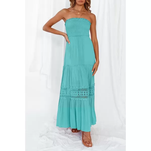 ZESICA Womens 2024 Summer Bohemian Strapless Off Shoulder Lace Trim Backless Flowy A Line Beach Long Maxi DressAqua