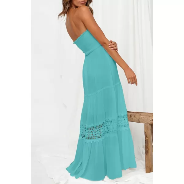 ZESICA Womens 2024 Summer Bohemian Strapless Off Shoulder Lace Trim Backless Flowy A Line Beach Long Maxi DressAqua