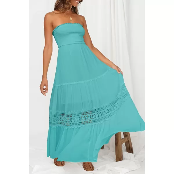 ZESICA Womens 2024 Summer Bohemian Strapless Off Shoulder Lace Trim Backless Flowy A Line Beach Long Maxi DressAqua
