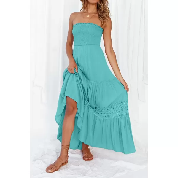 ZESICA Womens 2024 Summer Bohemian Strapless Off Shoulder Lace Trim Backless Flowy A Line Beach Long Maxi DressAqua