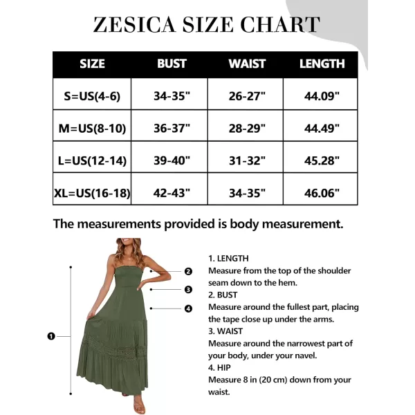 ZESICA Womens 2024 Summer Bohemian Strapless Off Shoulder Lace Trim Backless Flowy A Line Beach Long Maxi DressArmygreen