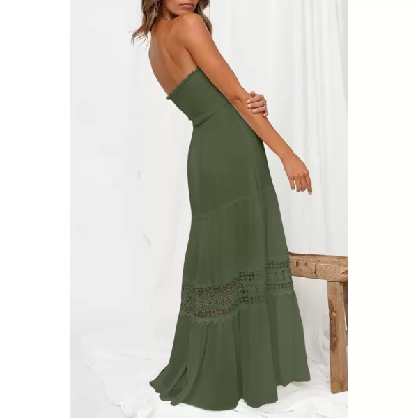 ZESICA Womens 2024 Summer Bohemian Strapless Off Shoulder Lace Trim Backless Flowy A Line Beach Long Maxi DressArmygreen