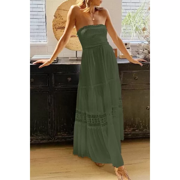 ZESICA Womens 2024 Summer Bohemian Strapless Off Shoulder Lace Trim Backless Flowy A Line Beach Long Maxi DressArmygreen