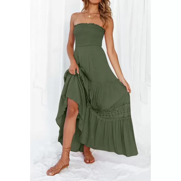 ZESICA Womens 2024 Summer Bohemian Strapless Off Shoulder Lace Trim Backless Flowy A Line Beach Long Maxi DressArmygreen
