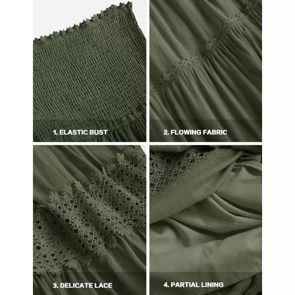ZESICA Womens 2024 Summer Bohemian Strapless Off Shoulder Lace Trim Backless Flowy A Line Beach Long Maxi DressArmygreen