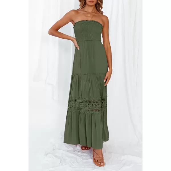 ZESICA Womens 2024 Summer Bohemian Strapless Off Shoulder Lace Trim Backless Flowy A Line Beach Long Maxi DressArmygreen