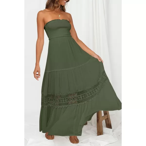 ZESICA Womens 2024 Summer Bohemian Strapless Off Shoulder Lace Trim Backless Flowy A Line Beach Long Maxi DressArmygreen