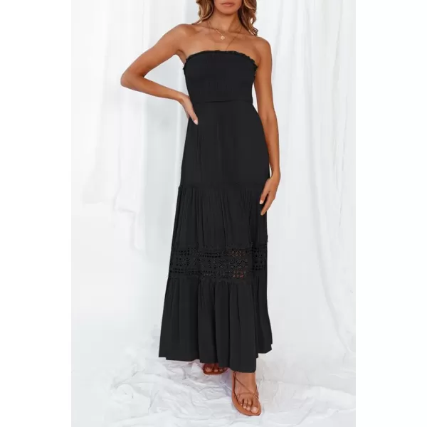 ZESICA Womens 2024 Summer Bohemian Strapless Off Shoulder Lace Trim Backless Flowy A Line Beach Long Maxi DressBlack