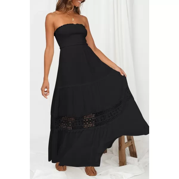 ZESICA Womens 2024 Summer Bohemian Strapless Off Shoulder Lace Trim Backless Flowy A Line Beach Long Maxi DressBlack