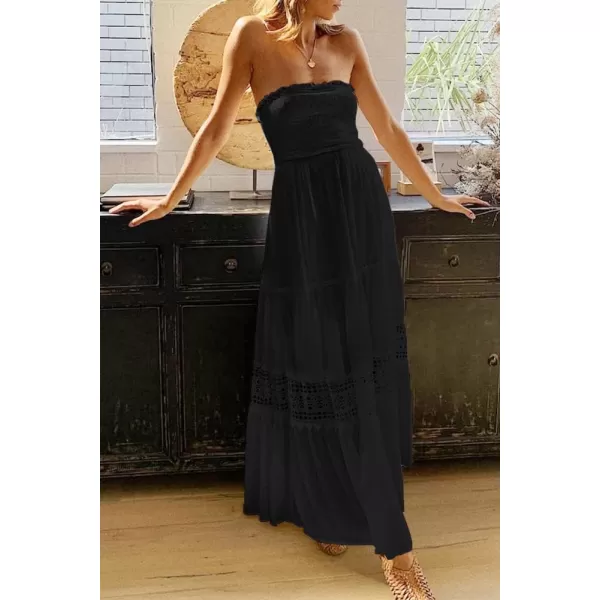 ZESICA Womens 2024 Summer Bohemian Strapless Off Shoulder Lace Trim Backless Flowy A Line Beach Long Maxi DressBlack