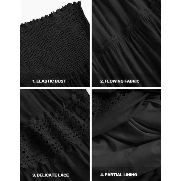 ZESICA Womens 2024 Summer Bohemian Strapless Off Shoulder Lace Trim Backless Flowy A Line Beach Long Maxi DressBlack