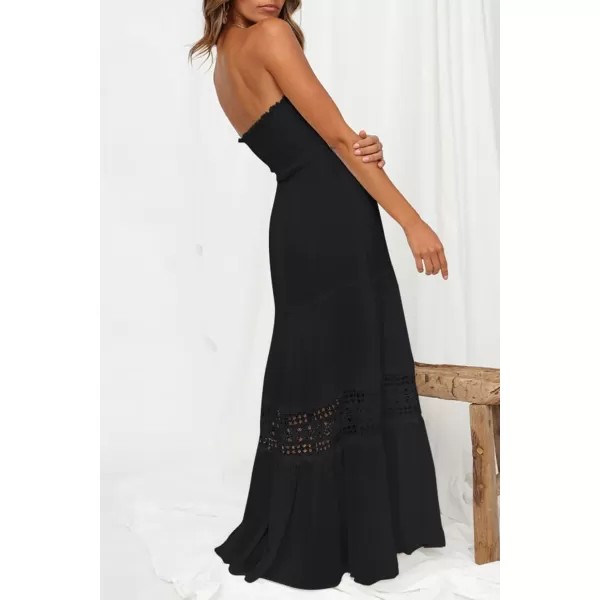 ZESICA Womens 2024 Summer Bohemian Strapless Off Shoulder Lace Trim Backless Flowy A Line Beach Long Maxi DressBlack