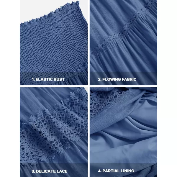 ZESICA Womens 2024 Summer Bohemian Strapless Off Shoulder Lace Trim Backless Flowy A Line Beach Long Maxi DressBlue