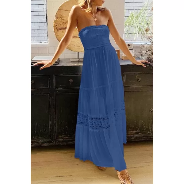 ZESICA Womens 2024 Summer Bohemian Strapless Off Shoulder Lace Trim Backless Flowy A Line Beach Long Maxi DressBlue