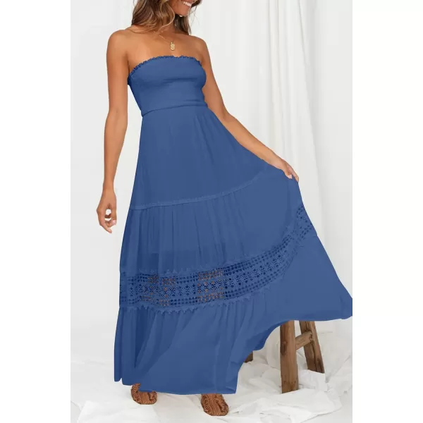 ZESICA Womens 2024 Summer Bohemian Strapless Off Shoulder Lace Trim Backless Flowy A Line Beach Long Maxi DressBlue