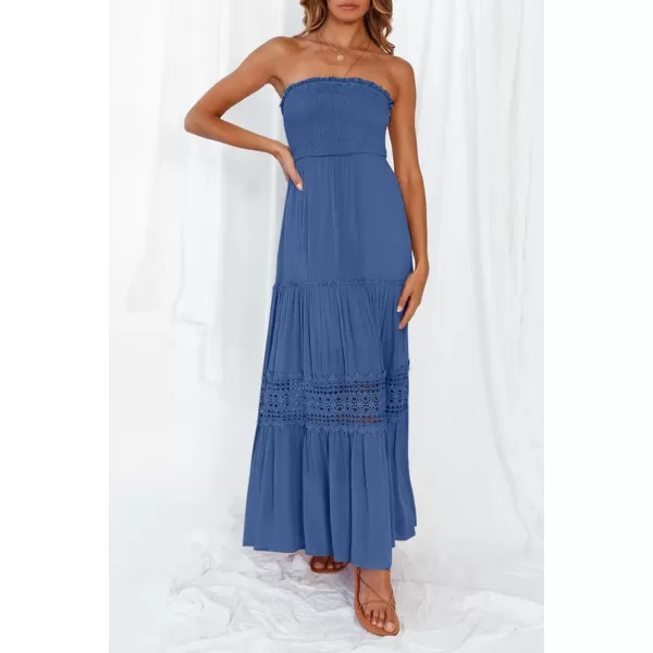 ZESICA Womens 2024 Summer Bohemian Strapless Off Shoulder Lace Trim Backless Flowy A Line Beach Long Maxi DressBlue