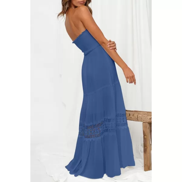 ZESICA Womens 2024 Summer Bohemian Strapless Off Shoulder Lace Trim Backless Flowy A Line Beach Long Maxi DressBlue