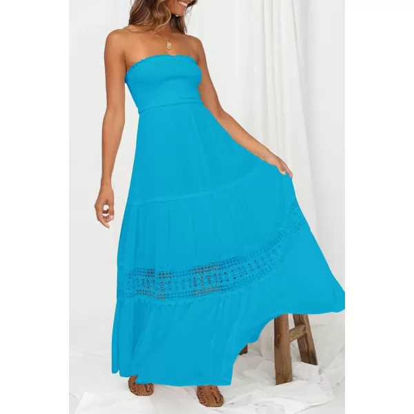 ZESICA Womens 2024 Summer Bohemian Strapless Off Shoulder Lace Trim Backless Flowy A Line Beach Long Maxi DressCobalt