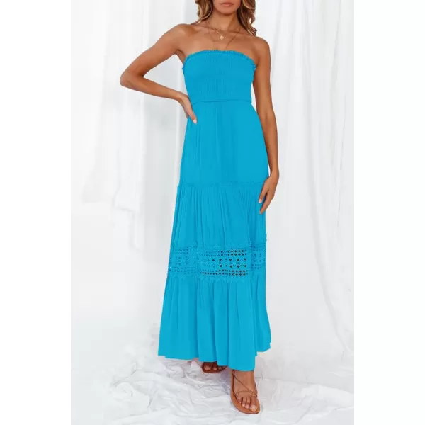 ZESICA Womens 2024 Summer Bohemian Strapless Off Shoulder Lace Trim Backless Flowy A Line Beach Long Maxi DressCobalt