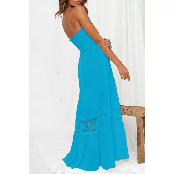 ZESICA Womens 2024 Summer Bohemian Strapless Off Shoulder Lace Trim Backless Flowy A Line Beach Long Maxi DressCobalt