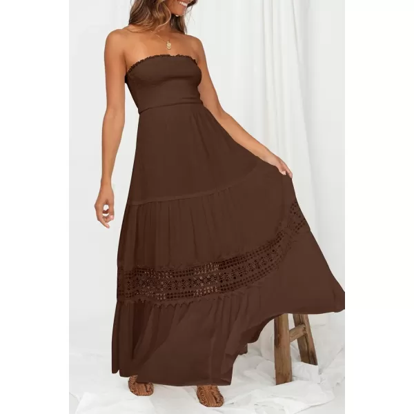 ZESICA Womens 2024 Summer Bohemian Strapless Off Shoulder Lace Trim Backless Flowy A Line Beach Long Maxi DressCoffee