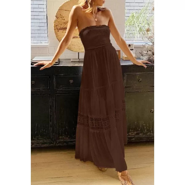 ZESICA Womens 2024 Summer Bohemian Strapless Off Shoulder Lace Trim Backless Flowy A Line Beach Long Maxi DressCoffee