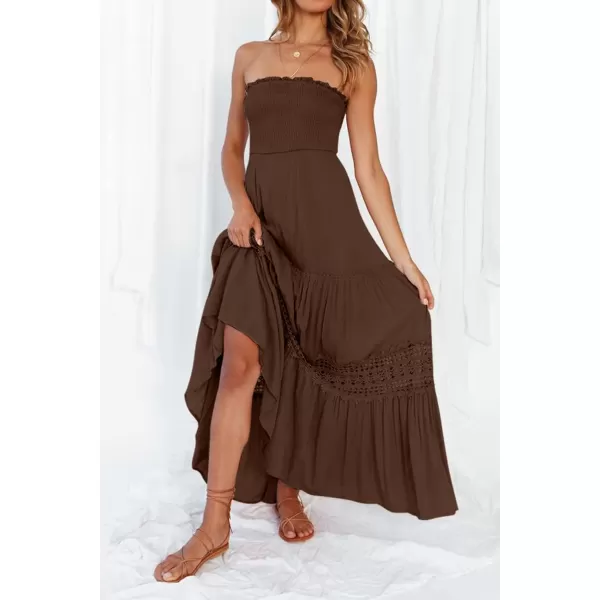 ZESICA Womens 2024 Summer Bohemian Strapless Off Shoulder Lace Trim Backless Flowy A Line Beach Long Maxi DressCoffee