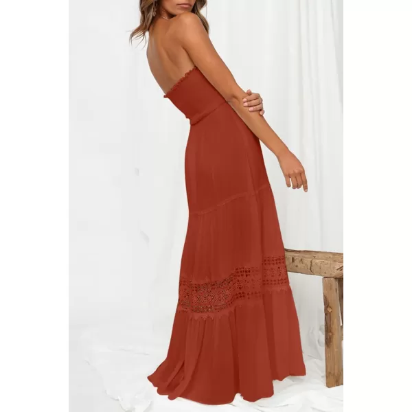 ZESICA Womens 2024 Summer Bohemian Strapless Off Shoulder Lace Trim Backless Flowy A Line Beach Long Maxi DressDarkorange