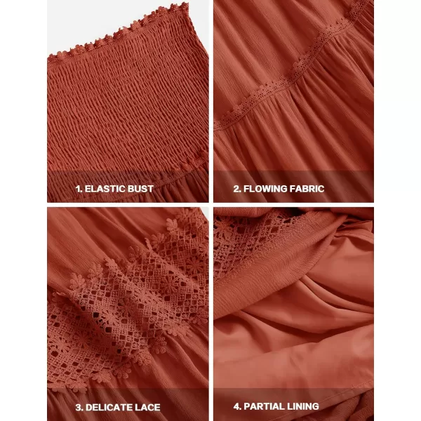 ZESICA Womens 2024 Summer Bohemian Strapless Off Shoulder Lace Trim Backless Flowy A Line Beach Long Maxi DressDarkorange