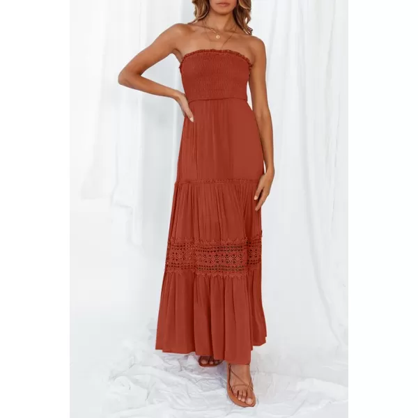 ZESICA Womens 2024 Summer Bohemian Strapless Off Shoulder Lace Trim Backless Flowy A Line Beach Long Maxi DressDarkorange