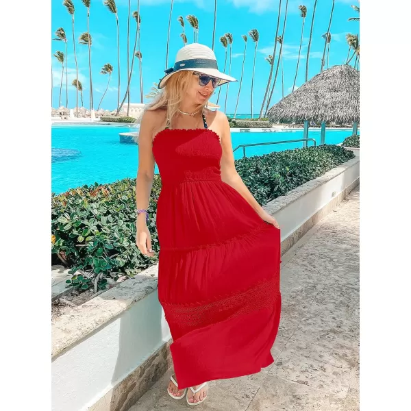 ZESICA Womens 2024 Summer Bohemian Strapless Off Shoulder Lace Trim Backless Flowy A Line Beach Long Maxi DressFirered