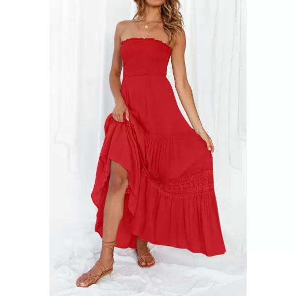 ZESICA Womens 2024 Summer Bohemian Strapless Off Shoulder Lace Trim Backless Flowy A Line Beach Long Maxi DressFirered