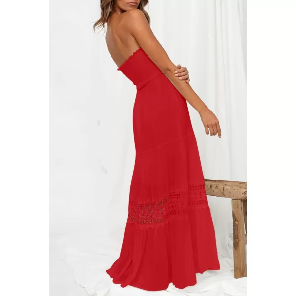 ZESICA Womens 2024 Summer Bohemian Strapless Off Shoulder Lace Trim Backless Flowy A Line Beach Long Maxi DressFirered