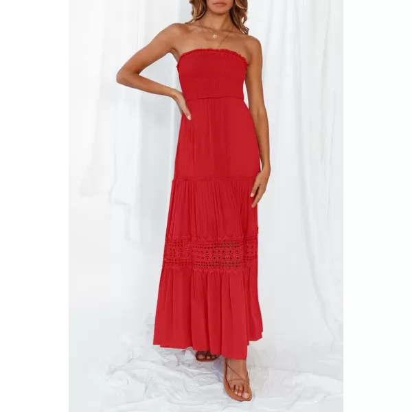 ZESICA Womens 2024 Summer Bohemian Strapless Off Shoulder Lace Trim Backless Flowy A Line Beach Long Maxi DressFirered