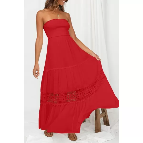 ZESICA Womens 2024 Summer Bohemian Strapless Off Shoulder Lace Trim Backless Flowy A Line Beach Long Maxi DressFirered