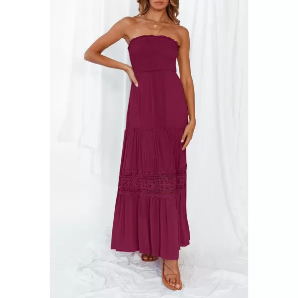 ZESICA Womens 2024 Summer Bohemian Strapless Off Shoulder Lace Trim Backless Flowy A Line Beach Long Maxi DressFuchsia
