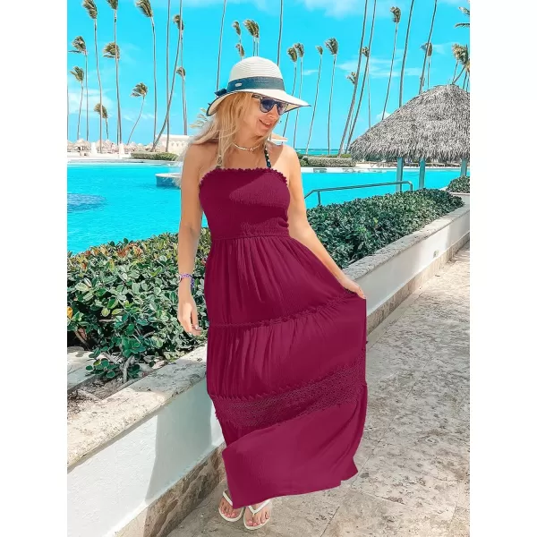 ZESICA Womens 2024 Summer Bohemian Strapless Off Shoulder Lace Trim Backless Flowy A Line Beach Long Maxi DressFuchsia