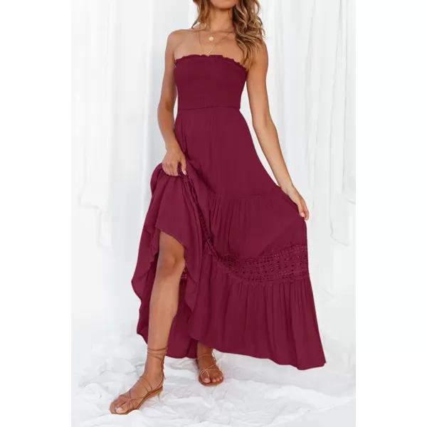 ZESICA Womens 2024 Summer Bohemian Strapless Off Shoulder Lace Trim Backless Flowy A Line Beach Long Maxi DressFuchsia