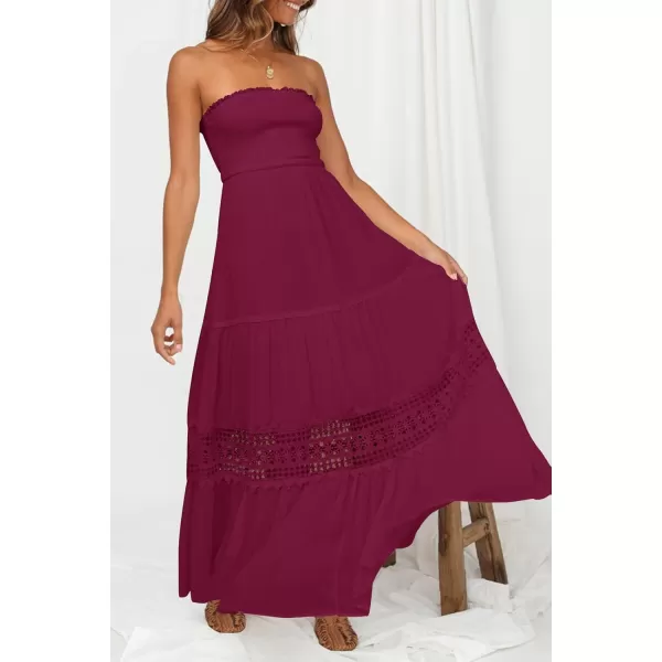 ZESICA Womens 2024 Summer Bohemian Strapless Off Shoulder Lace Trim Backless Flowy A Line Beach Long Maxi DressFuchsia